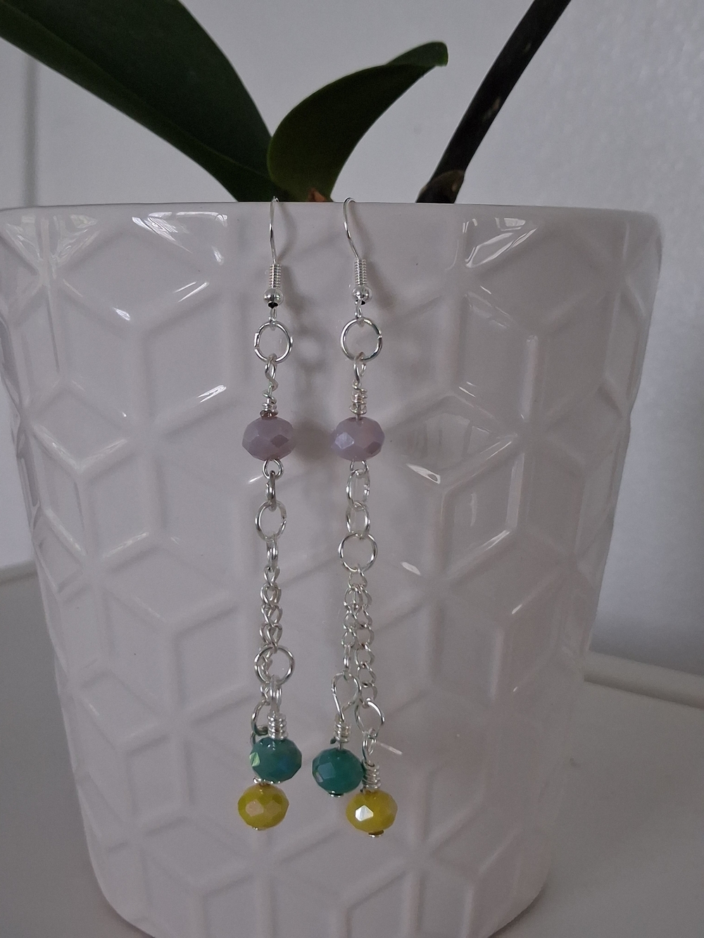 Dangle Bead Chain Earrings in Lavender, Teal & Yellow